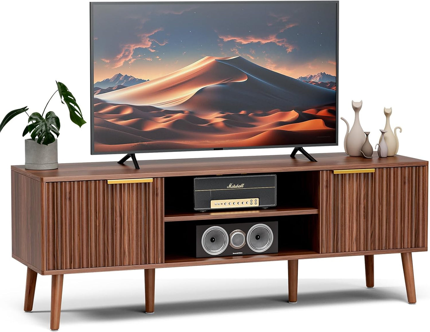 ✨ Mid-Century Modern TV Stand | Fluted Wood Entertainment Center with Storage Cabinets for Living Room