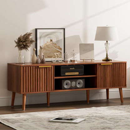 ✨ Mid-Century Modern TV Stand | Fluted Wood Entertainment Center with Storage Cabinets for Living Room