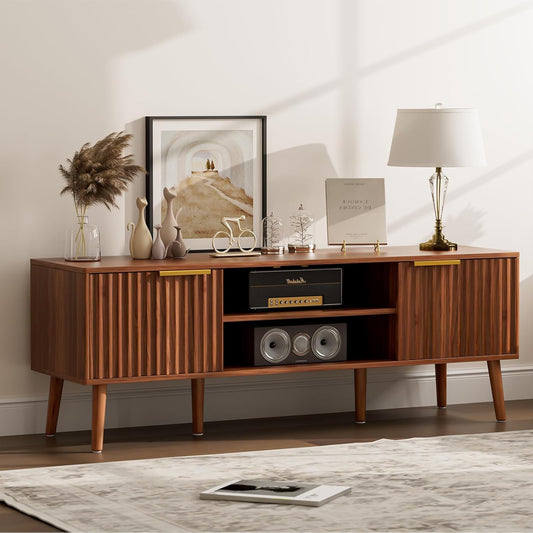 ✨ Mid-Century Modern TV Stand | Fluted Wood Entertainment Center with Storage Cabinets for Living Room