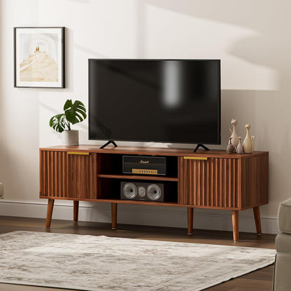 ✨ Mid-Century Modern TV Stand | Fluted Wood Entertainment Center with Storage Cabinets for Living Room