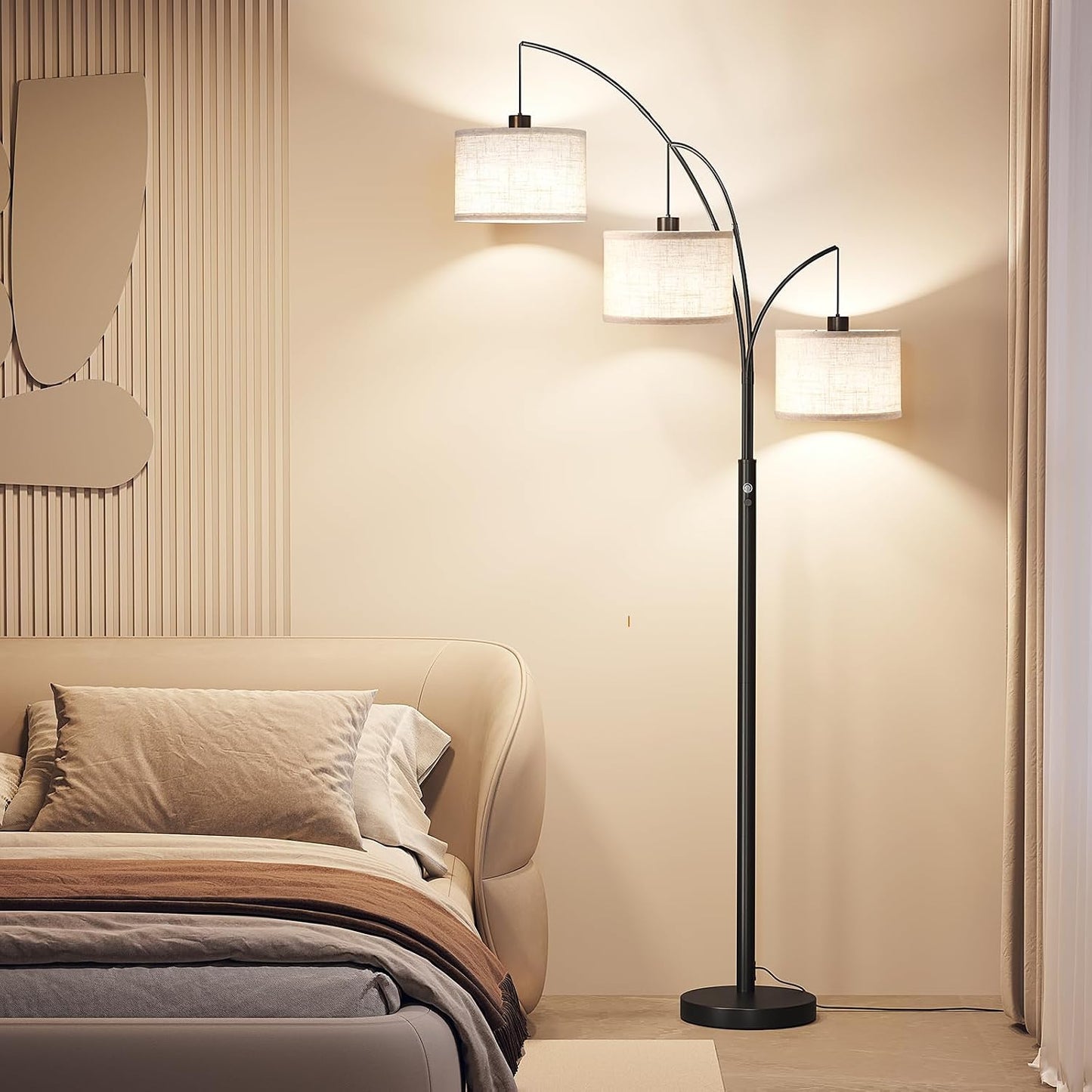✨ Mid-Century Arc Floor Lamp | Modern Hanging Linen Shade Standing Light for Living Room & Bedroom