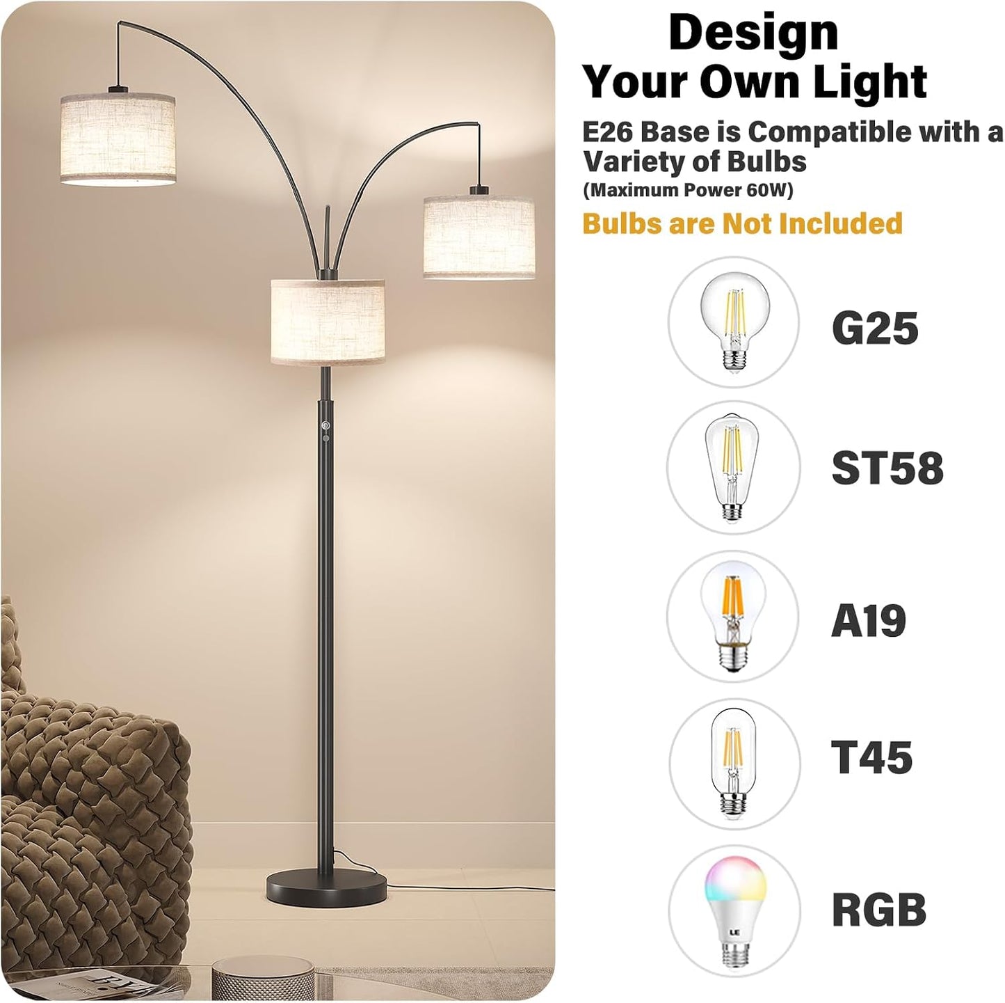 ✨ Mid-Century Arc Floor Lamp | Modern Hanging Linen Shade Standing Light for Living Room & Bedroom