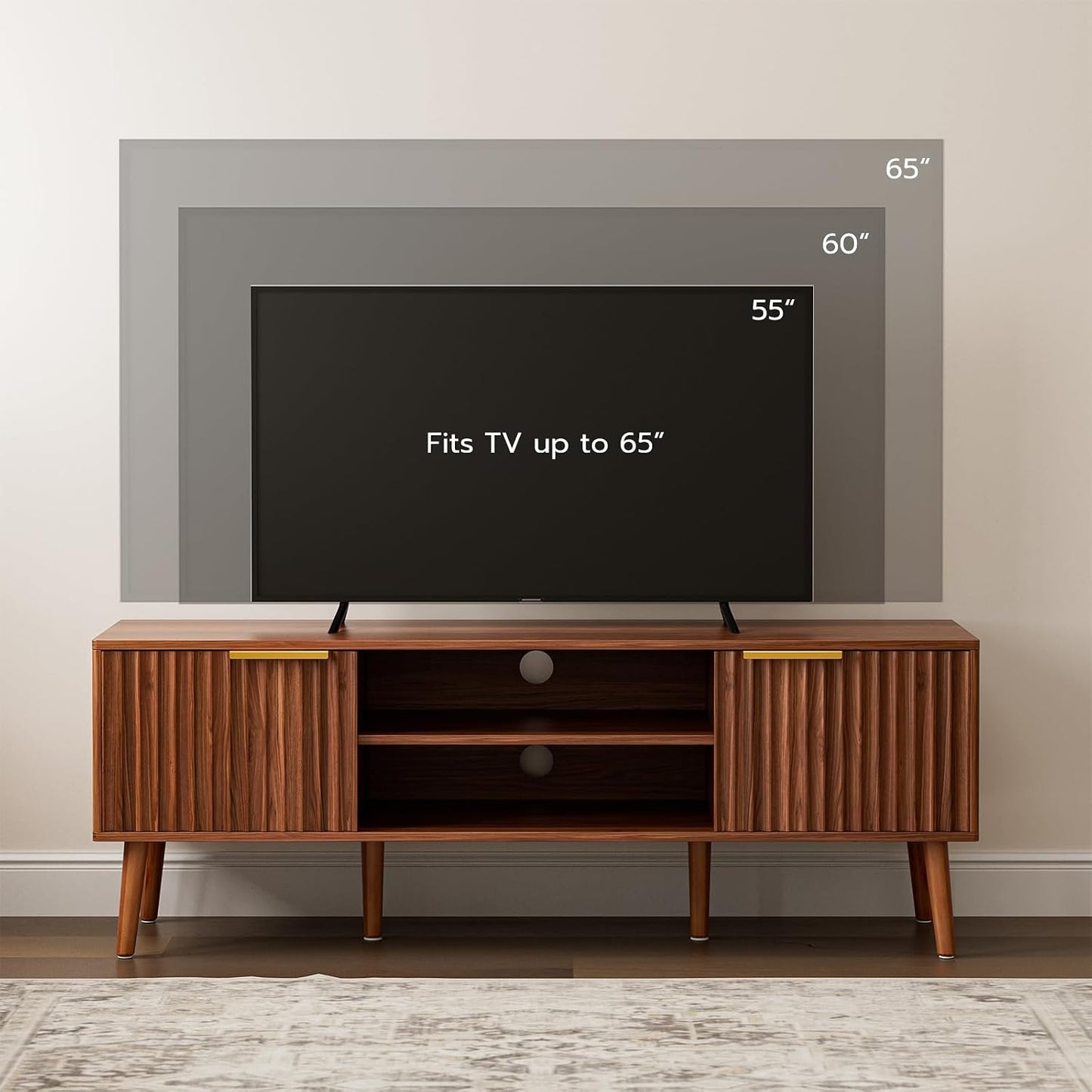 ✨ Mid-Century Modern TV Stand | Fluted Wood Entertainment Center with Storage Cabinets for Living Room