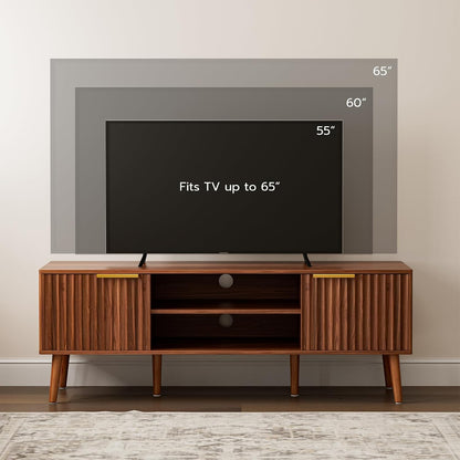 ✨ Mid-Century Modern TV Stand | Fluted Wood Entertainment Center with Storage Cabinets for Living Room