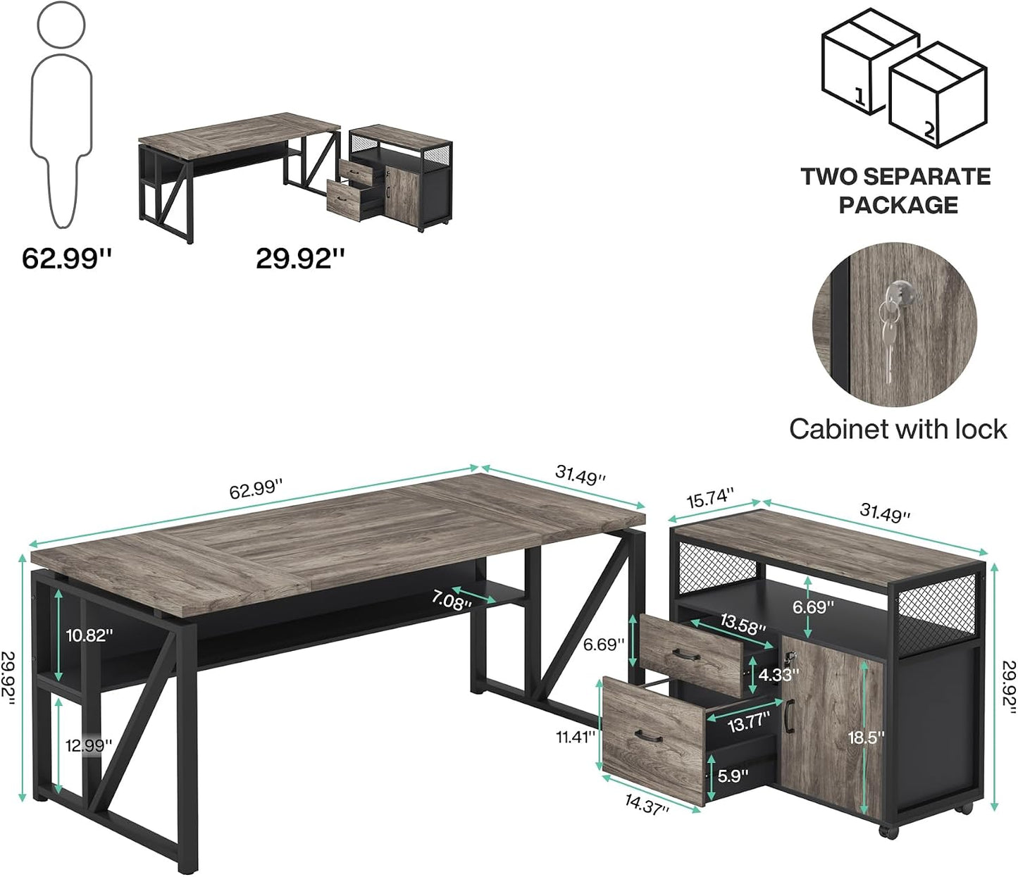 ✨ Executive Home Office Desk | Modern Computer Workstation with Storage Cabinet & Drawers