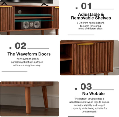 ✨ Mid-Century Modern TV Stand | Fluted Wood Entertainment Center with Storage Cabinets for Living Room