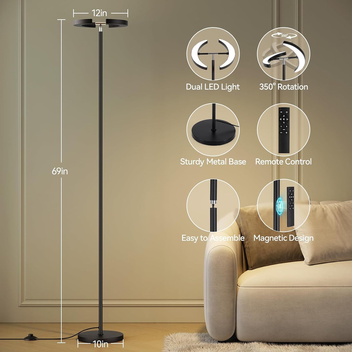 ✨ Modern LED Floor Lamp | Rotatable Dimmable Standing Light with Remote Control for Living Room & Bedroom