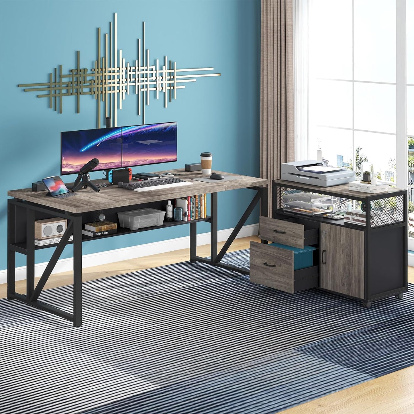 ✨ Executive Home Office Desk | Modern Computer Workstation with Storage Cabinet & Drawers