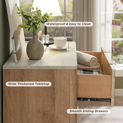 ✨ Fluted 5 Drawer Dresser | Modern Bedroom Storage Cabinet with Faux Marble Top