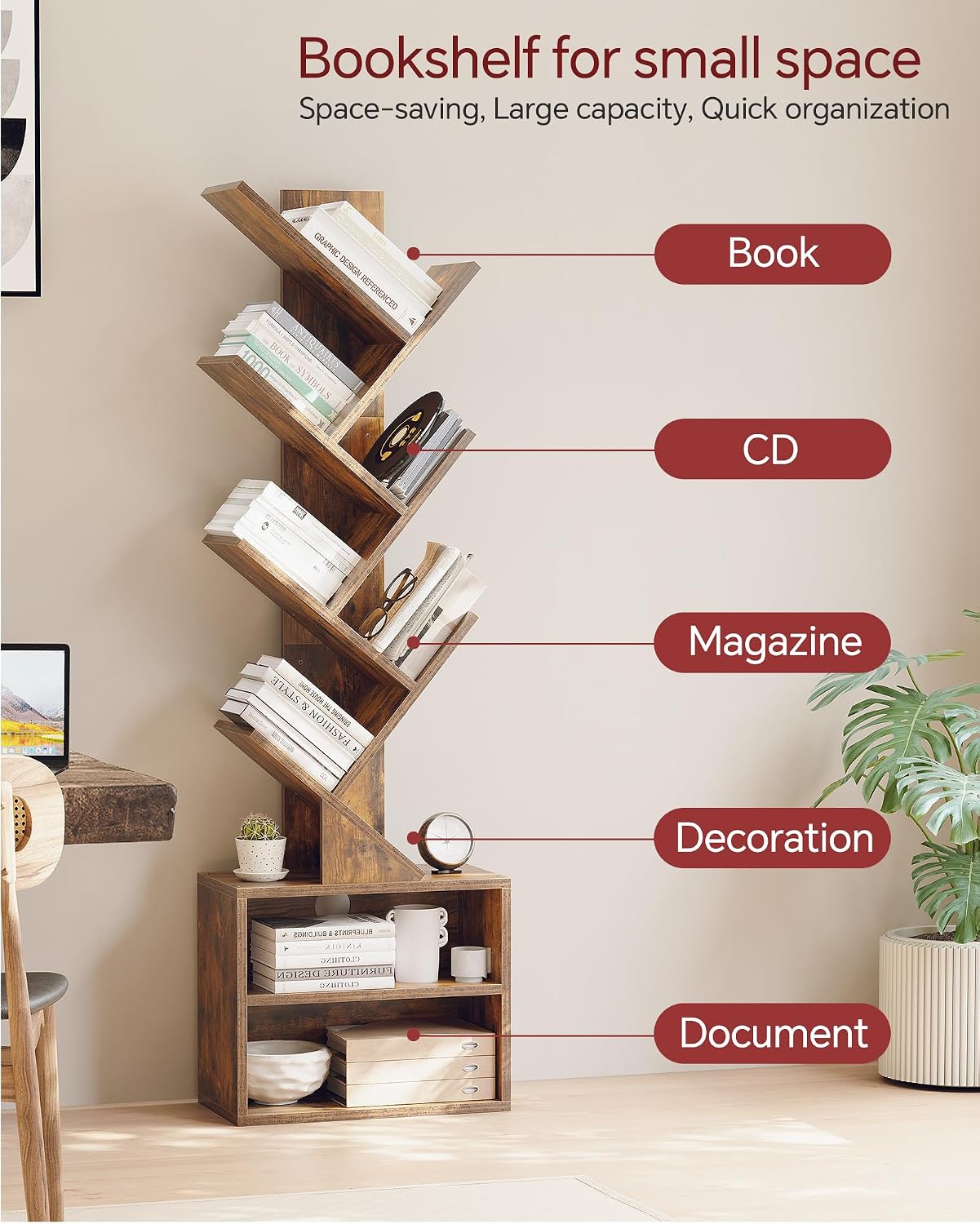 🌿 Modern Tree Bookshelf | Space Saving Decorative Storage Shelf for Bedroom & Living Room
