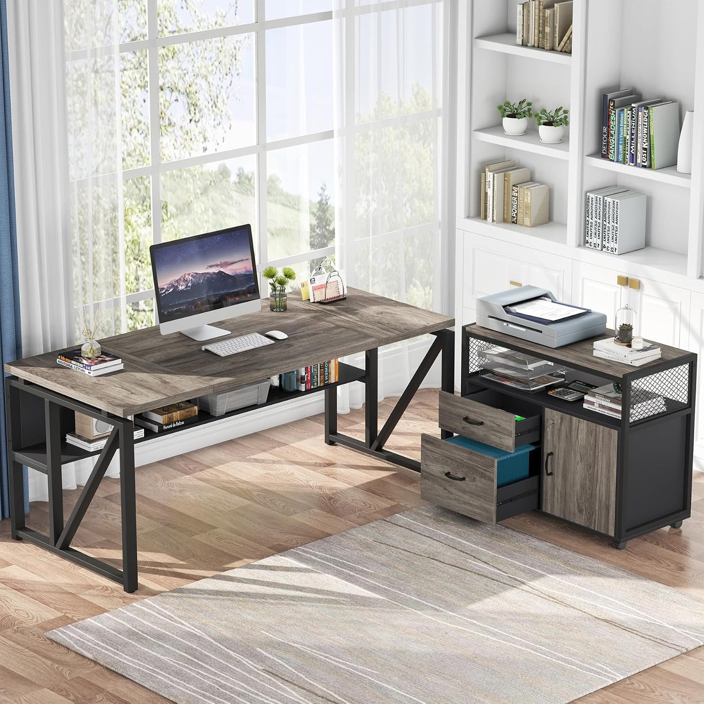 ✨ Executive Home Office Desk | Modern Computer Workstation with Storage Cabinet & Drawers