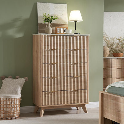 ✨ Fluted 5 Drawer Dresser | Modern Bedroom Storage Cabinet with Faux Marble Top