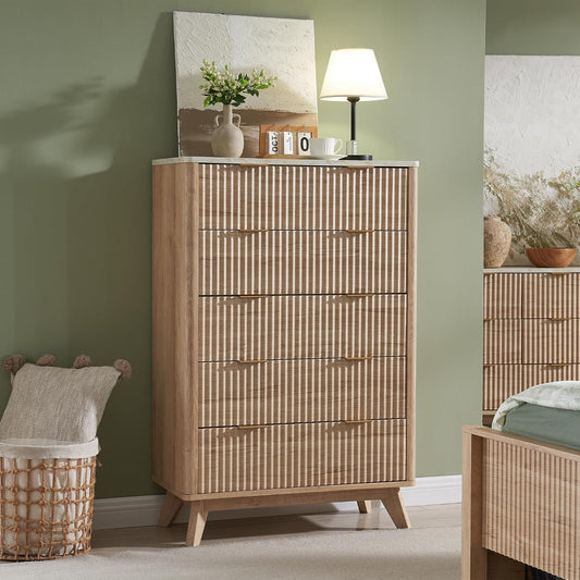 ✨ Fluted 5 Drawer Dresser | Modern Bedroom Storage Cabinet with Faux Marble Top