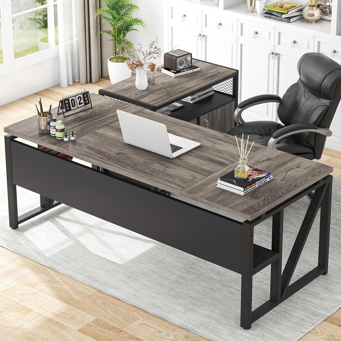 ✨ Executive Home Office Desk | Modern Computer Workstation with Storage Cabinet & Drawers