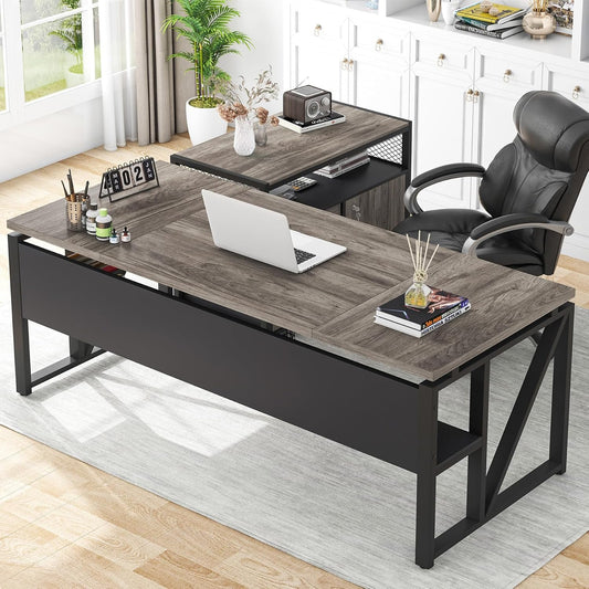 ✨ Executive Home Office Desk | Modern Computer Workstation with Storage Cabinet & Drawers