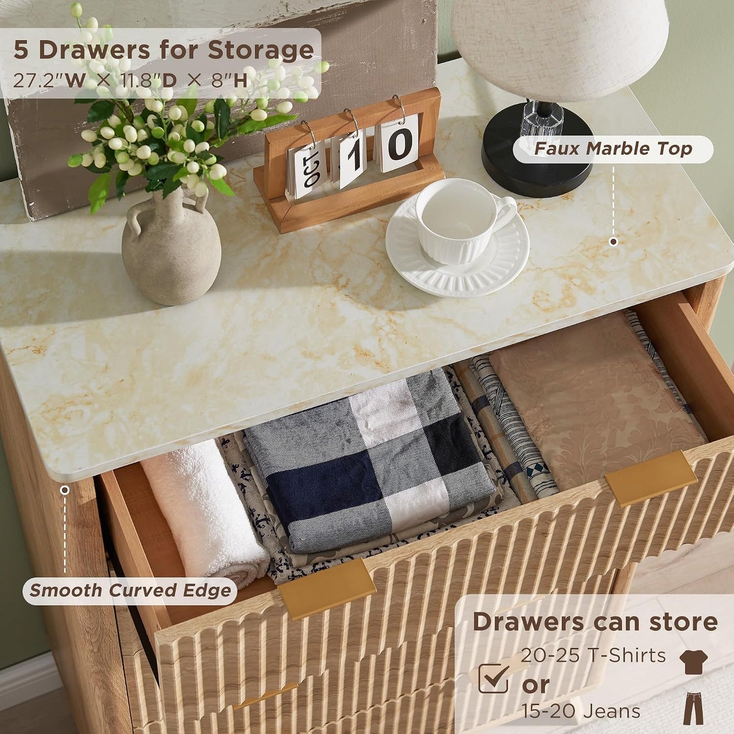 ✨ Fluted 5 Drawer Dresser | Modern Bedroom Storage Cabinet with Faux Marble Top