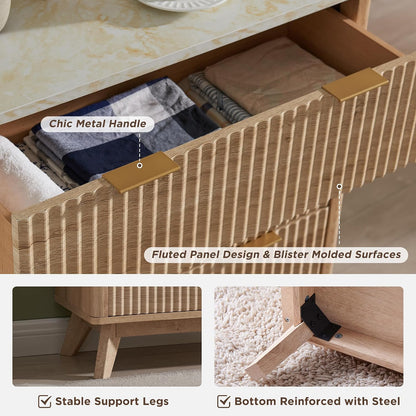 ✨ Fluted 5 Drawer Dresser | Modern Bedroom Storage Cabinet with Faux Marble Top