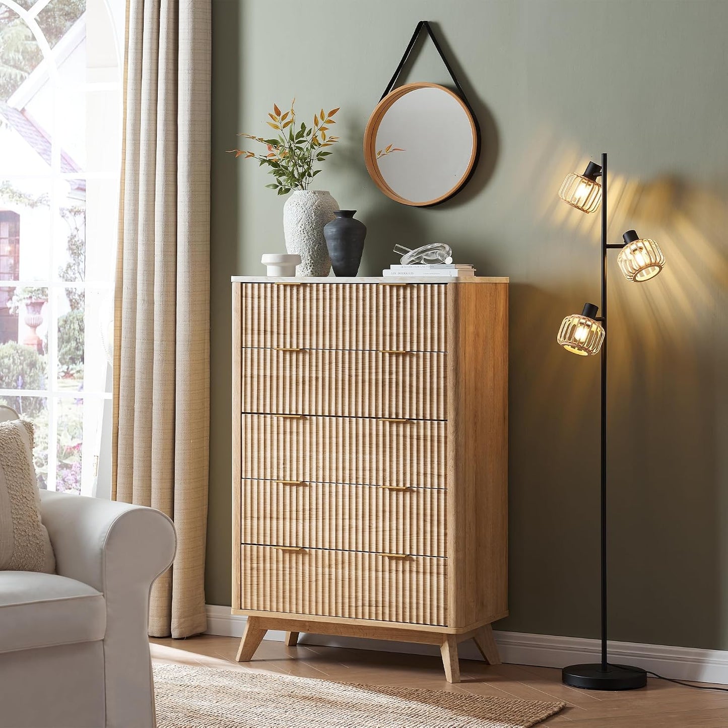 ✨ Fluted 5 Drawer Dresser | Modern Bedroom Storage Cabinet with Faux Marble Top